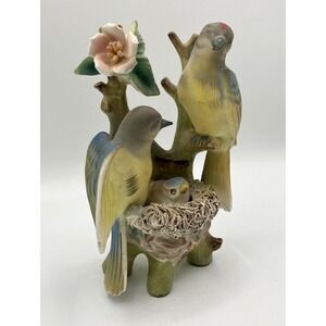 Arnet Nesting Bird Family‎ Spaghetti Nest Figurine Bisque Vintage 1960's Japan